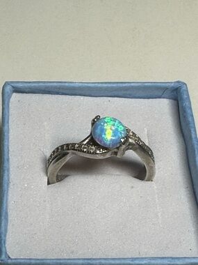 Sterling Silver Opal Solitaire Ring with Pavé Accents - Blue-Green Opal